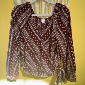 Pink Love Boho Hippie Floral Puff Sleeve Lightweight Faux Wrap Blouse Size Small